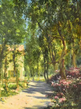 RESERVED JR Antique French painting of a farmhouse in a forest - oil on canvas. Signed A. Bailly 19" x 22"