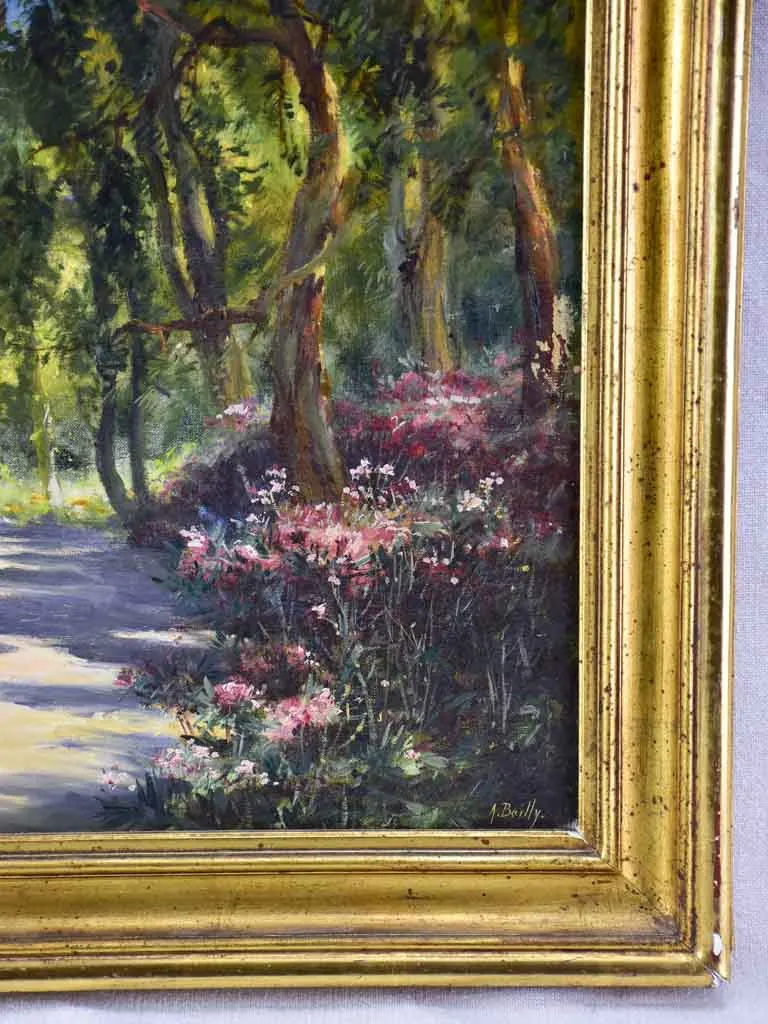 RESERVED JR Antique French painting of a farmhouse in a forest - oil on canvas. Signed A. Bailly 19" x 22"