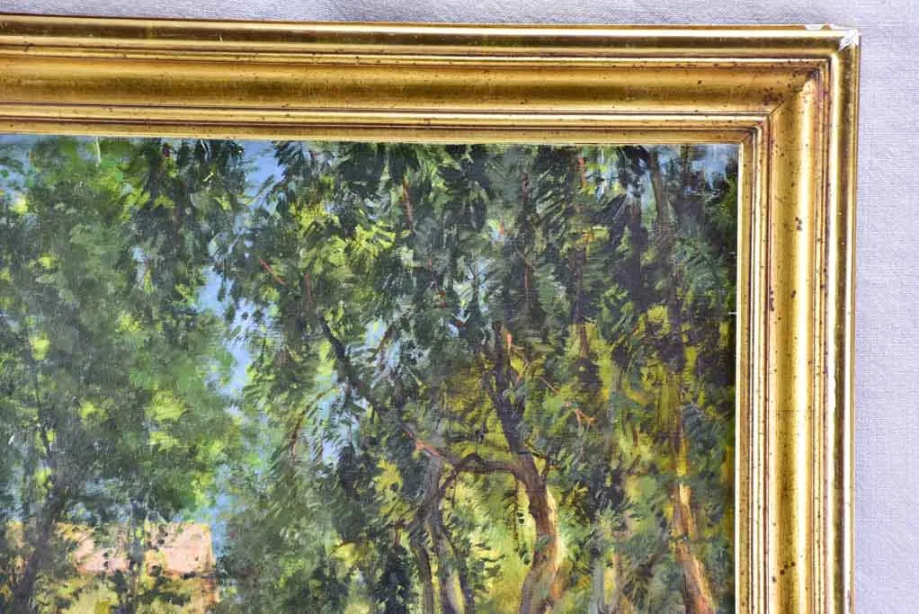 RESERVED JR Antique French painting of a farmhouse in a forest - oil on canvas. Signed A. Bailly 19" x 22"
