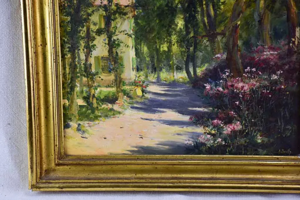 RESERVED JR Antique French painting of a farmhouse in a forest - oil on canvas. Signed A. Bailly 19" x 22"