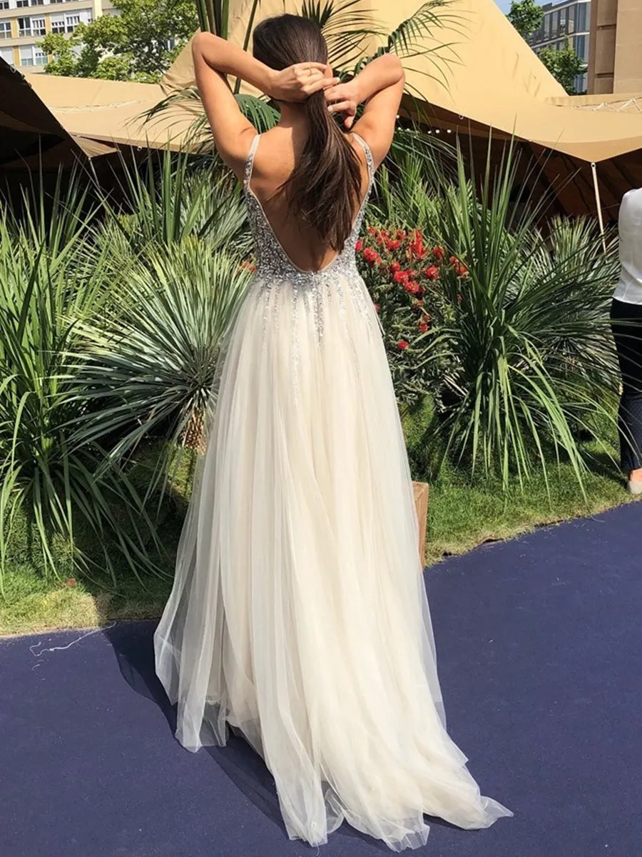 Shiny A Line V Neck Backless Sequins Gray Long Prom 2020, Sparkly Open Back Sequins Grey Formal Graduation Evening