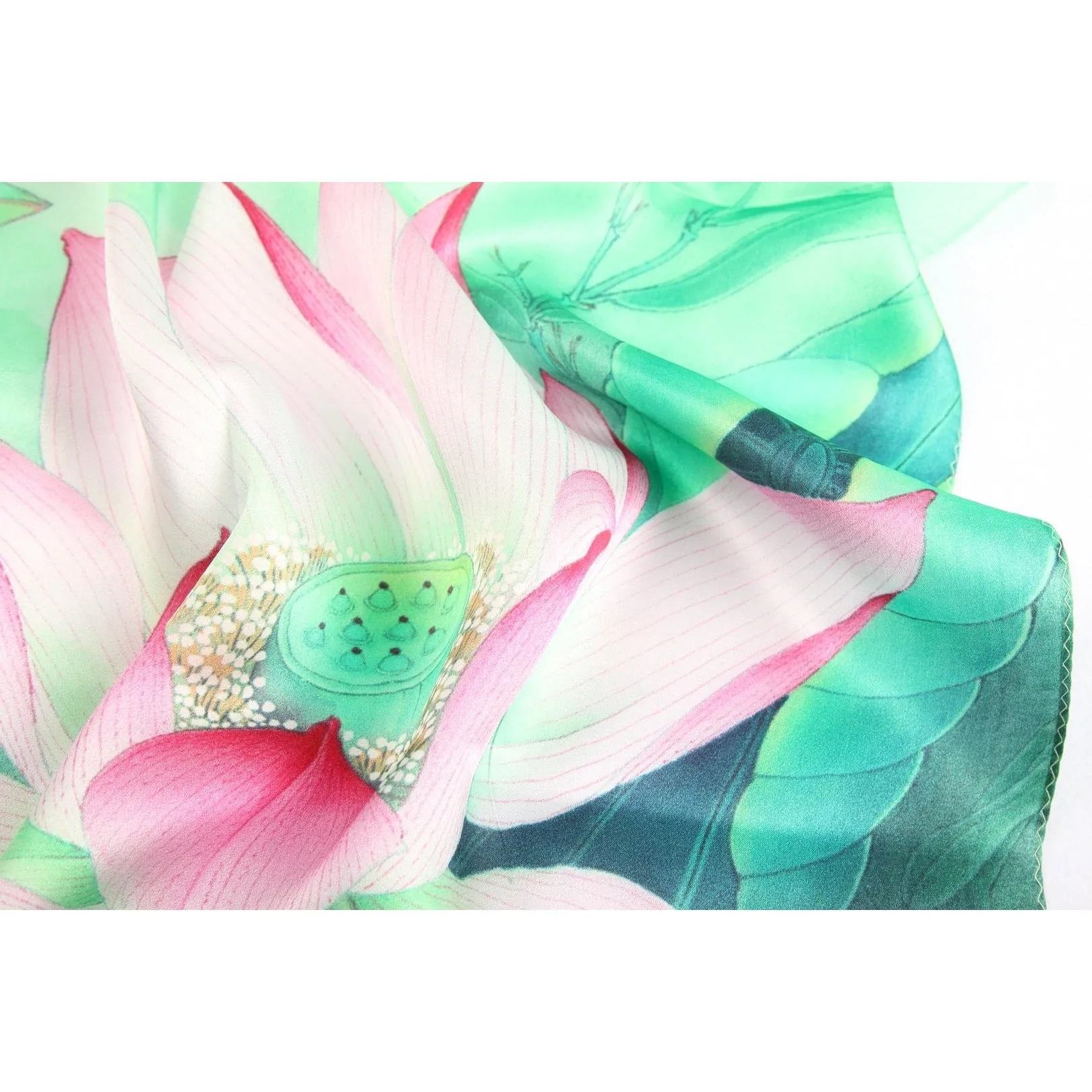 Silk Scarf Collections|Blossom Range|Lotus Design|Green|Long Silk Scarf