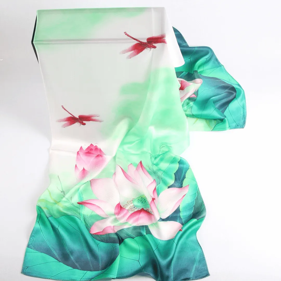 Silk Scarf Collections|Blossom Range|Lotus Design|Green|Long Silk Scarf