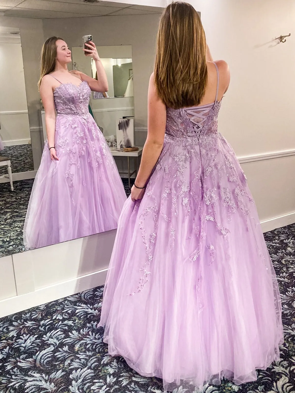 Sweetheart Neck Purple Tulle Lace Long Prom Dresses, Purple Lace Formal Dresses, Purple Evening Dresses
