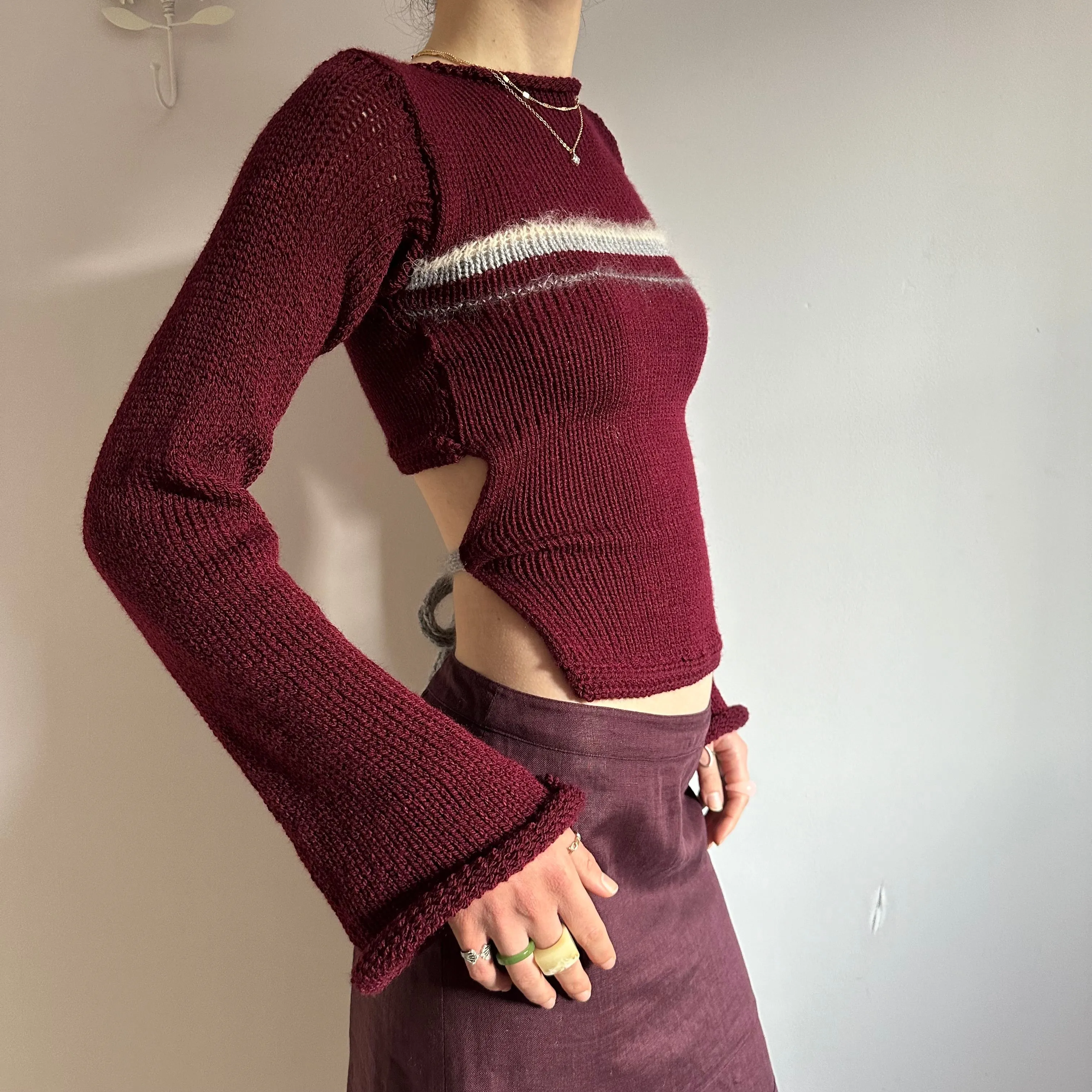 The Bordeaux Jumper - handmade burgundy, grey and cream bow tie up knit jumper