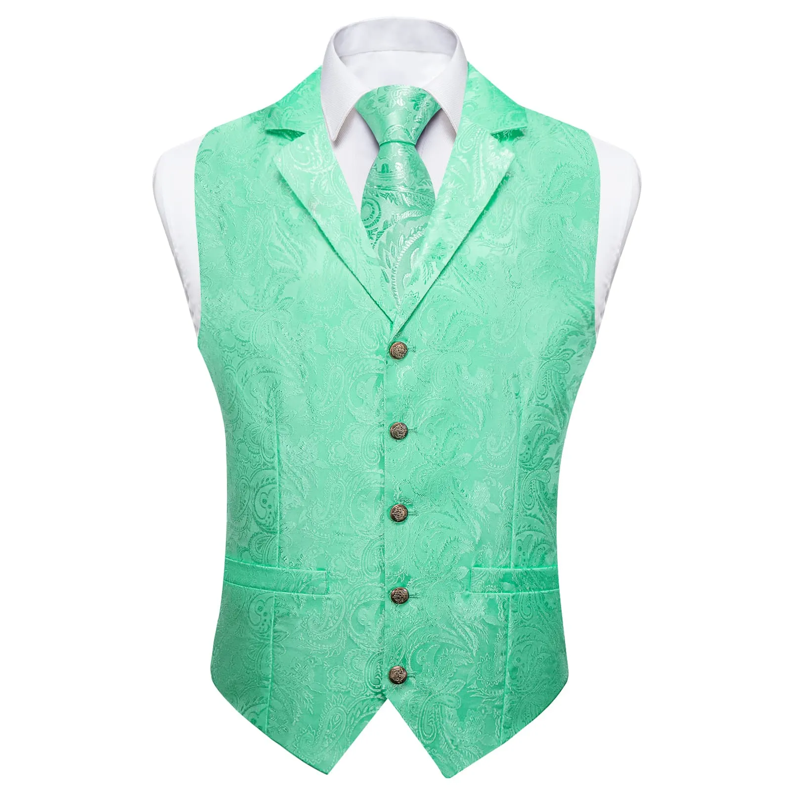 Ties2you Dress Vest Light Green Paisley Notched Collar Silk Mens Waistcoat Tie Set