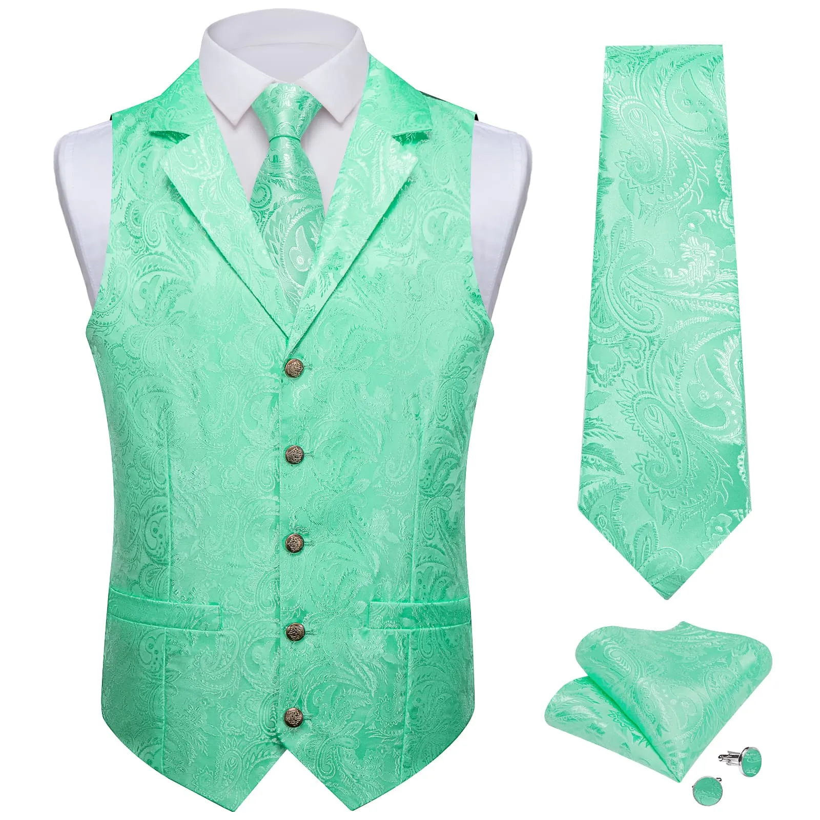 Ties2you Dress Vest Light Green Paisley Notched Collar Silk Mens Waistcoat Tie Set