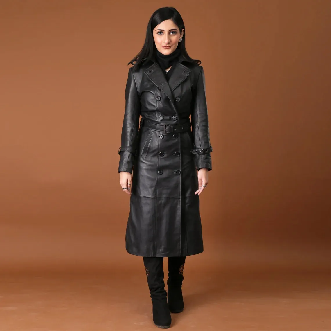 Timeless Grace Handmade Black Leather Trench Coat