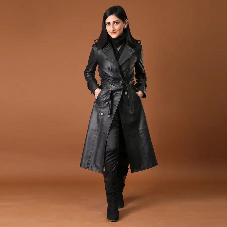 Timeless Grace Handmade Black Leather Trench Coat