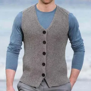 Wiaofellas  -  Men's Luxury Knitted Button Down Sweater Vest Casual Streetwear Solid Color V Neck Sleeveless Loose Stylish Vintage Knitwear