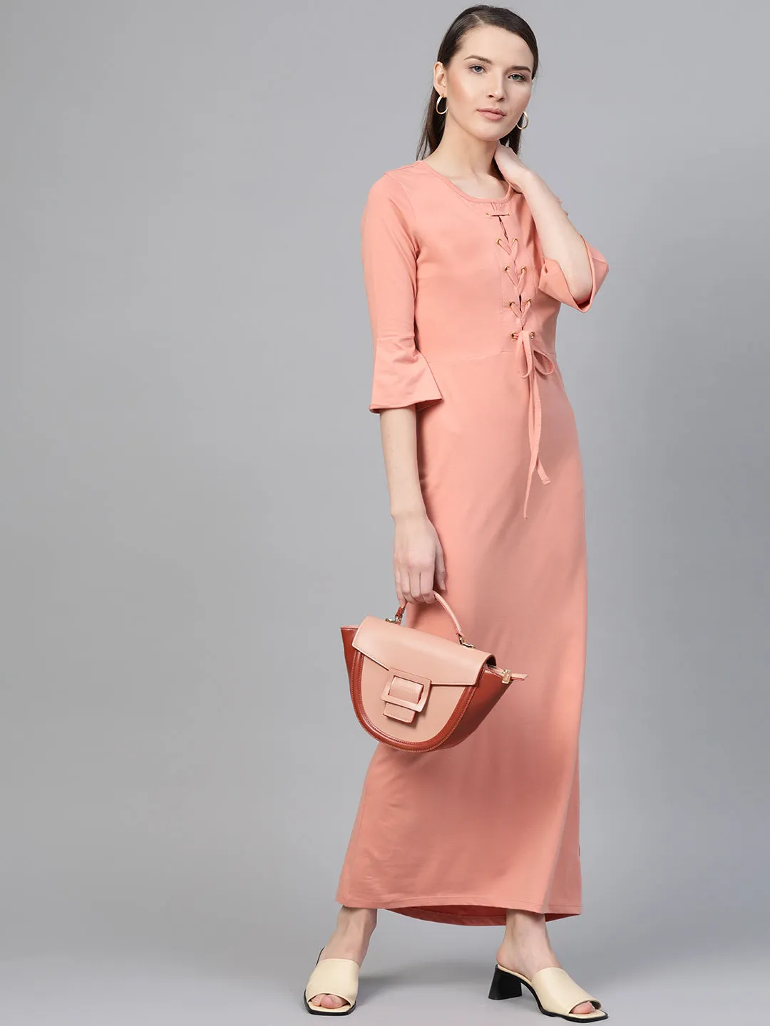 Women Peach Front Criss Cross Detail Maxi