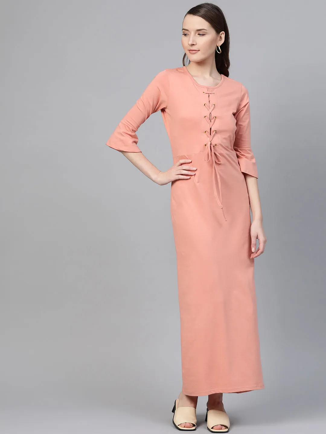 Women Peach Front Criss Cross Detail Maxi
