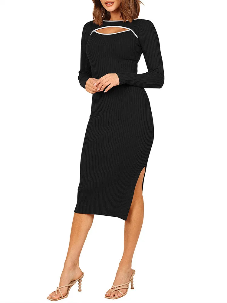 Women's Bodycon Midi Dress Long Sleeve Cut Out Ribbed Knit Party Club Dress