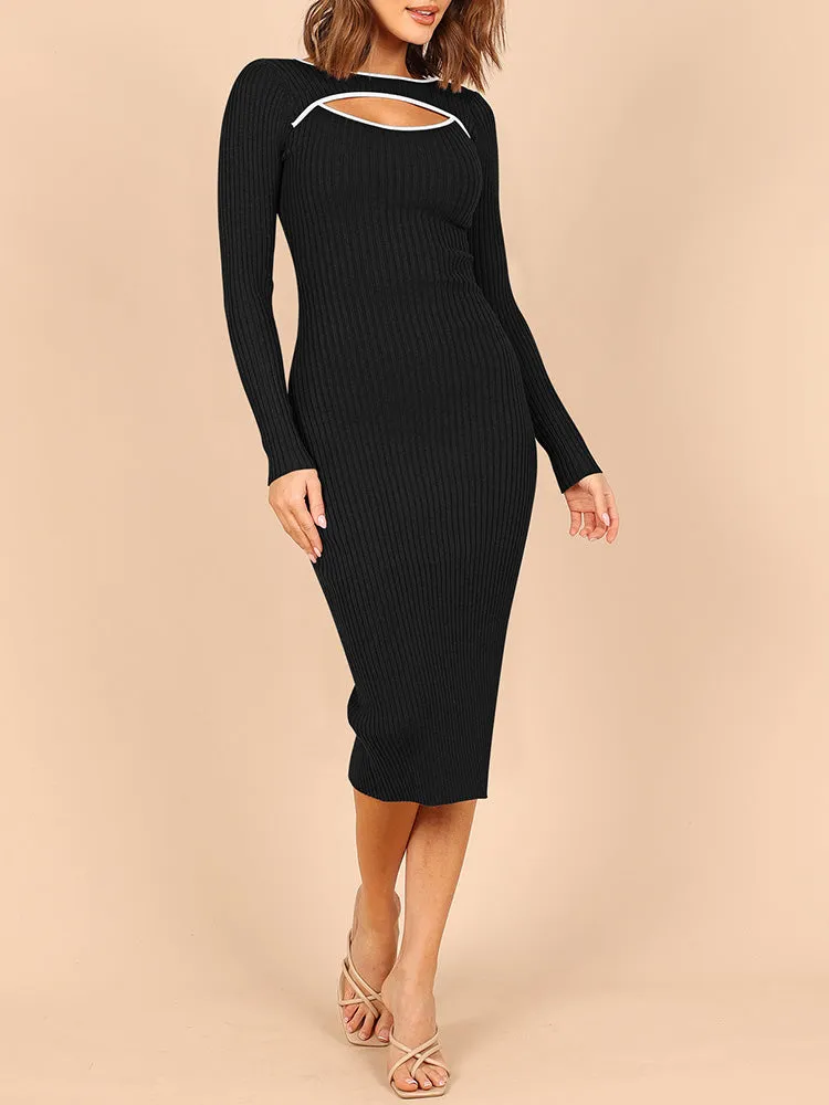 Women's Bodycon Midi Dress Long Sleeve Cut Out Ribbed Knit Party Club Dress
