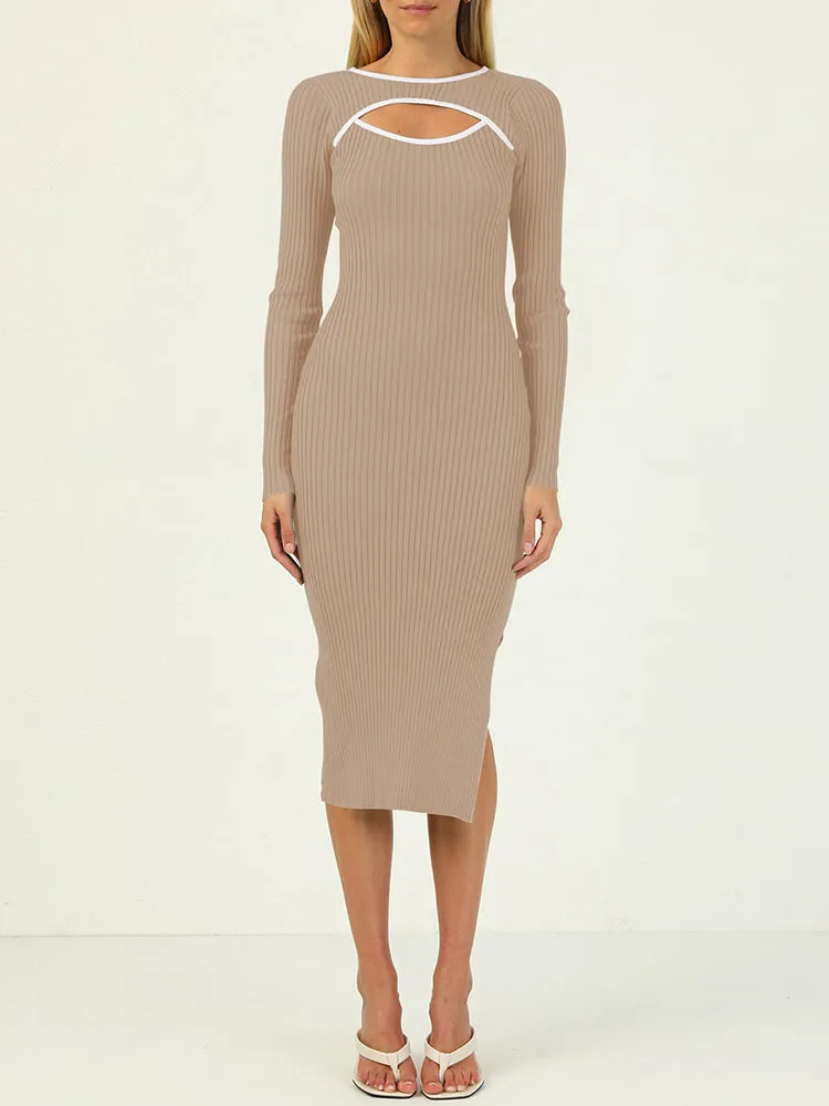 Women's Bodycon Midi Dress Long Sleeve Cut Out Ribbed Knit Party Club Dress